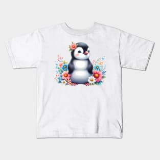 A penguin decorated with beautiful colorful flowers. Kids T-Shirt